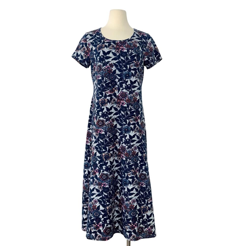 Peruvian Connection Folk Flower Midi Dress Pima Cotton Navy Floral Jersey Knit L